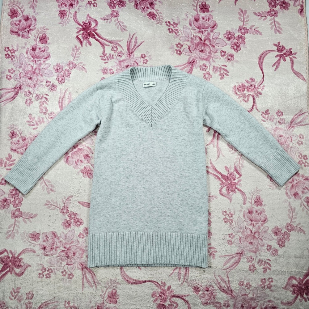 Hollister Sweater Dress Womens XS Gray Excellent V-Neck Ribbed Knit Mini